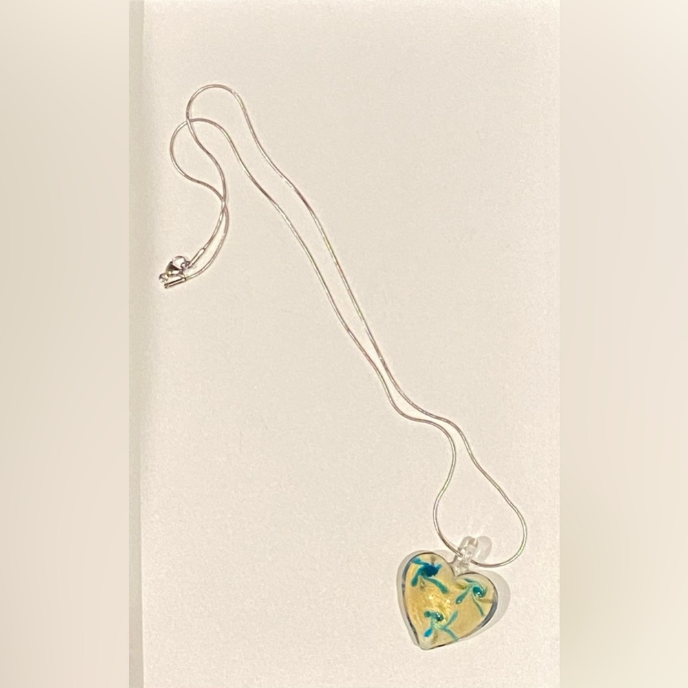 Beautiful Cream with Blue Flowers Glass Heart Pendant Titanium Steel Chain